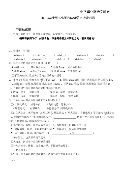 2016徐州市小学语文毕业试卷