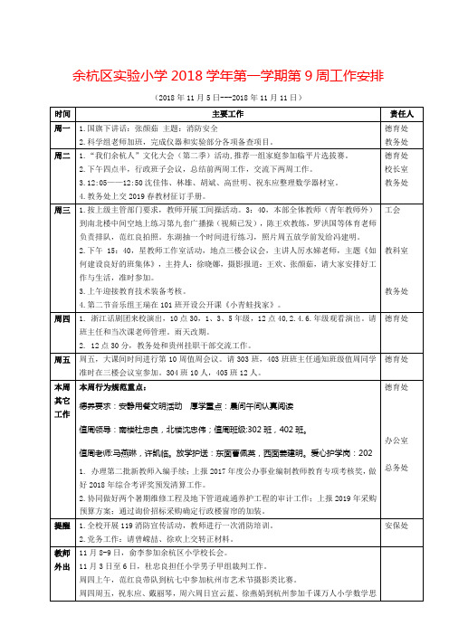 余杭区小学2018学年第一学期第9周工作安排