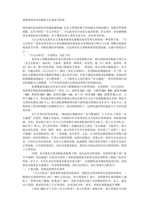 菜根香厨房营业额每万元成本分析表