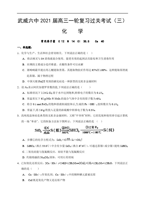 甘肃省武威市第六中学2021届高三上学期第三次过关考试化学试题