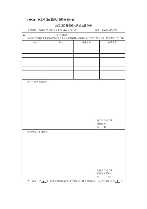 施工项目部管理人员资格报审表
