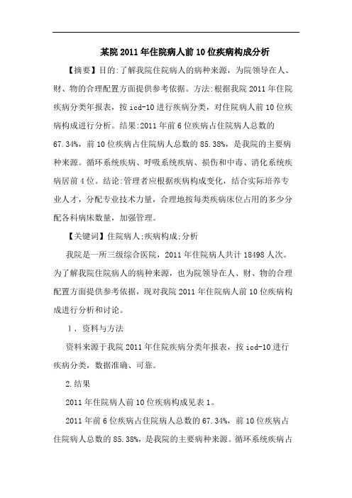 某院2011年住院病人前10位疾病构成分析论文