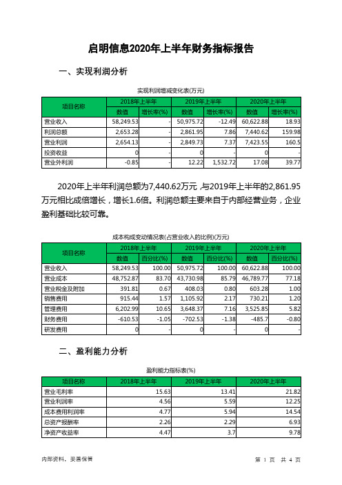 启明信息2020年上半年财务指标报告