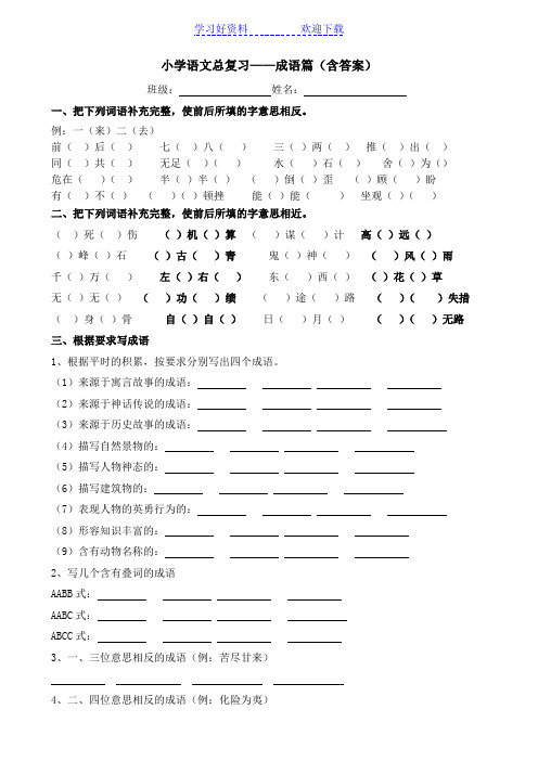 小学六年级语文成语总复习 练习及答案