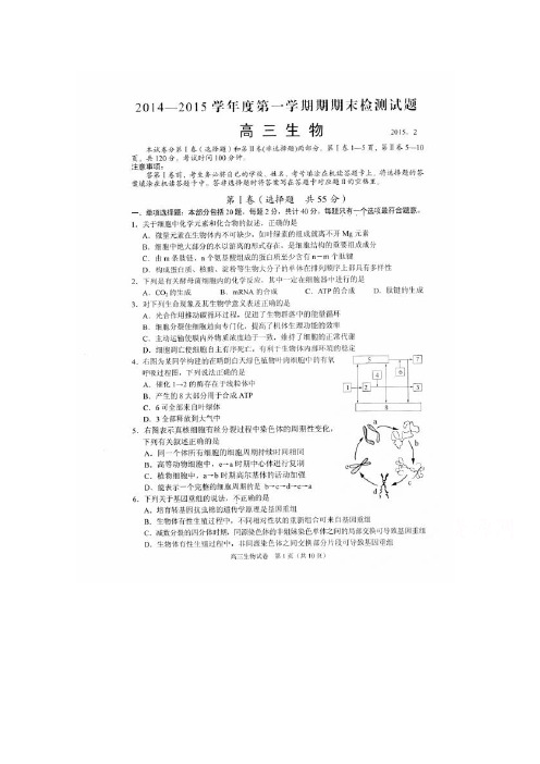 江苏省扬州市2015届高三上学期期末检测生物试题(扫描版)