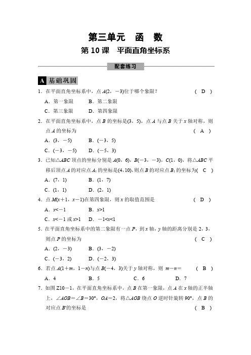 第10课 平面直角坐标系-2021届九年级中考数学复习检测