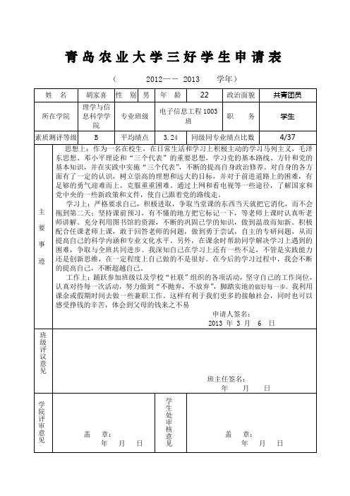 青岛农业大学三好学生申请表