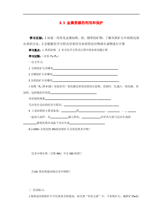人教版九年级化学下册 8.3《金属资源的利用和保护》导学案