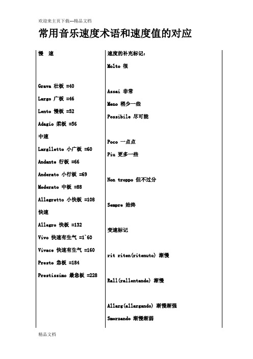 常用音乐速度术语和速度值的对应