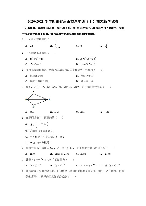 四川省眉山市2020——2021学年八年级上学期期末数学试卷 解析版 (1)