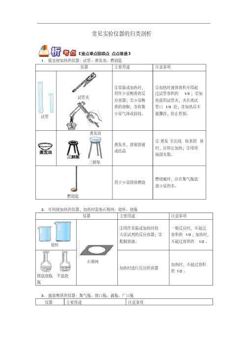 通用版中考化学重难点易错点复习讲练常见实验仪器的归类剖析