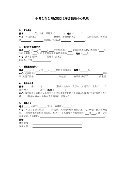 中考文言文考试篇目文学常识和中心思想默写1