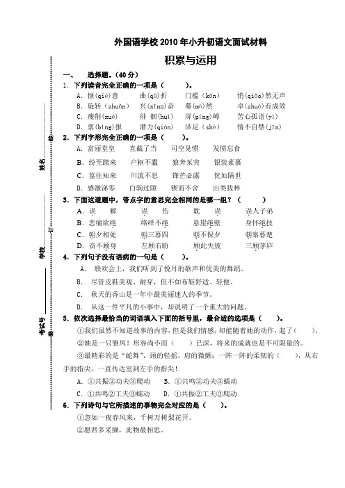 2010外校小升初语文B卷