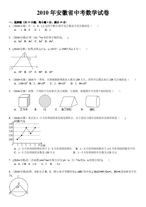 2010年安徽中考数学试题及答案(解析版)