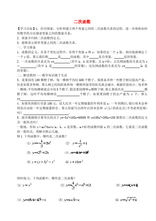 九年级数学下册 第五章 二次函数学案(新版)苏科版