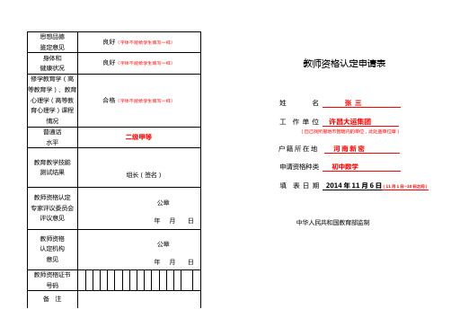 教师资格认定申请表(B4格式)