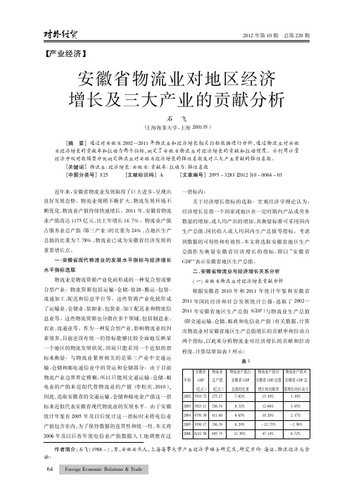 安徽省物流业对地区经济增长及三大产业的贡献