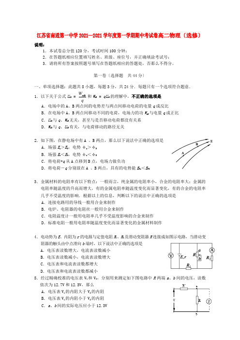江苏省南通第一中学2015-2016学年高二物理上学期期中试题(选修)新人教版