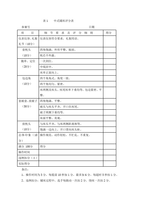中式铺床评分表