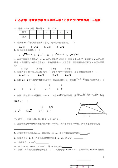 江苏省靖江市靖城中学九年级数学3月独立作业试题(无答