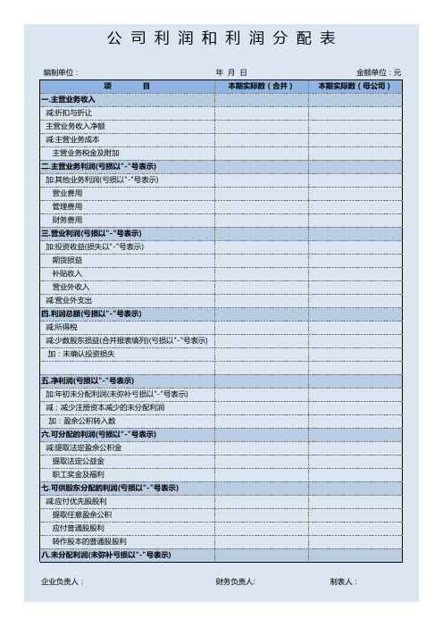 公司利润和利润分配表通用模板