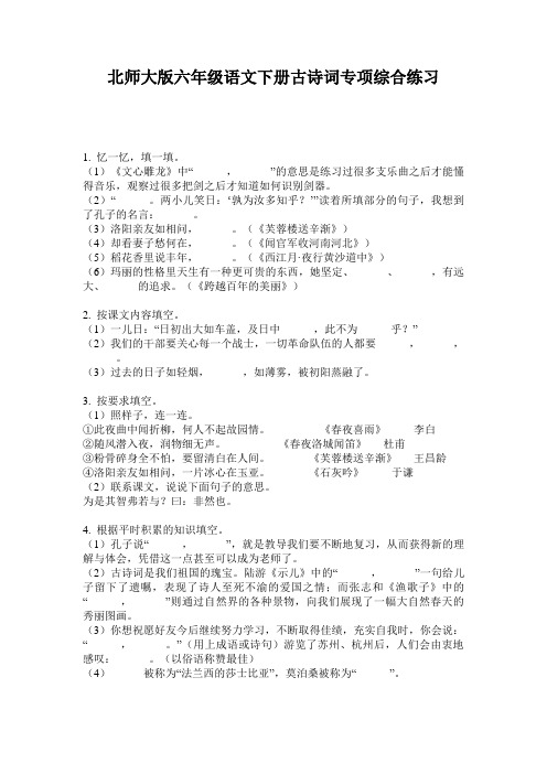 北师大版六年级语文下册古诗词专项综合练习