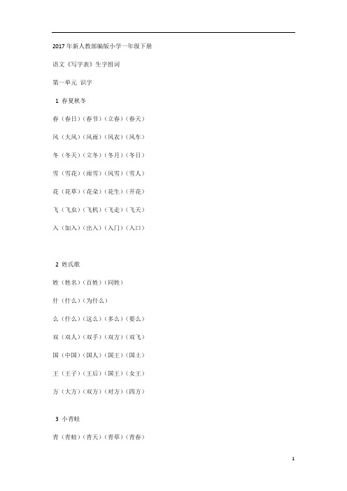 2017年新人教部编版小学一下《写字表》生字组词