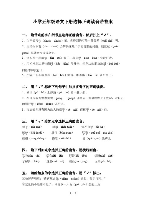 小学五年级语文下册选择正确读音带答案