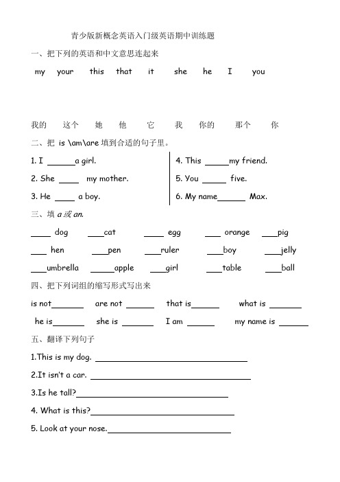 青少版新概念英语入门级英语期中小测试