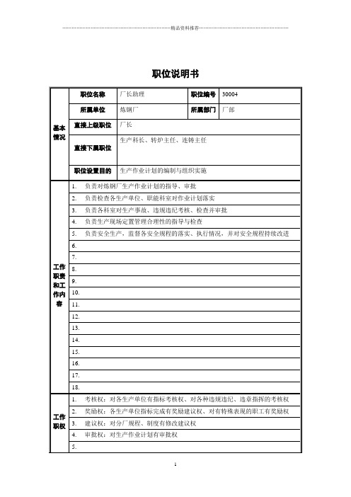 厂长助理(生产)职位说明书