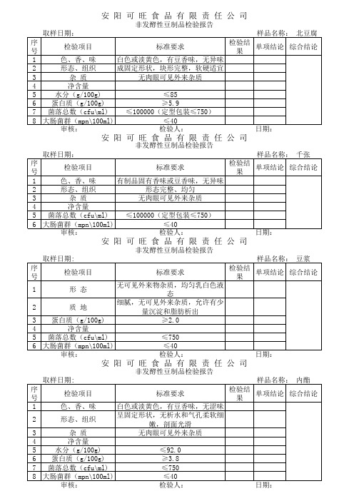 豆制品化验报告样表