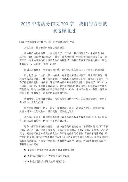 初中作文 2019中考满分作文700字：我们的青春就该这样度过-精品