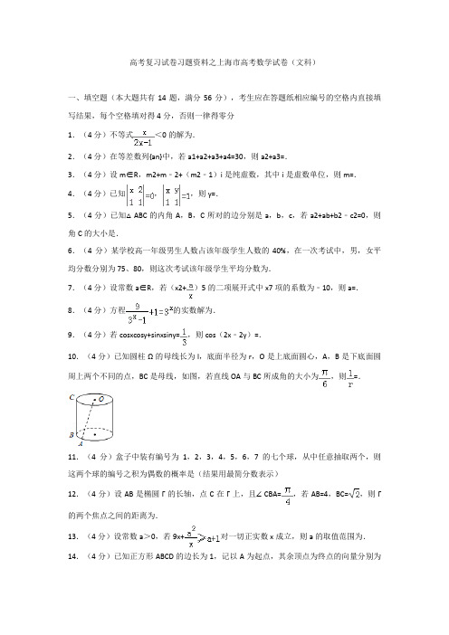 高考复习试卷习题资料之上海市高考数学试卷文科2