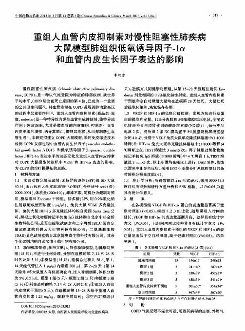 重组人血管内皮抑制素对慢性阻塞性肺疾病大鼠模型肺组织低氧诱导因子-1α和血管内皮生长因子表达的影响