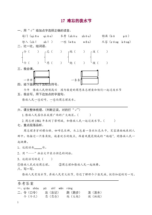 【精选】统编版语文二年级上册17 难忘的泼水节 课时练习(含答案).doc