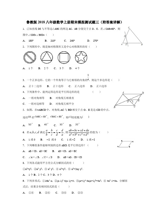 鲁教版2018八年级数学上册期末模拟测试题三(附答案详解)