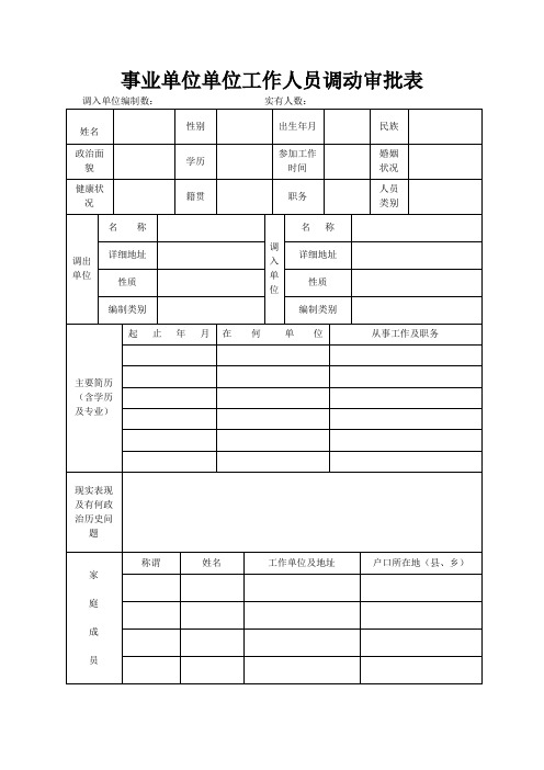 云南事业单位工作人员调动审批表