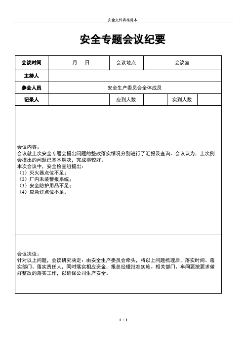 安全专题会议纪要范文