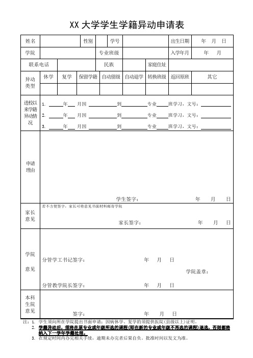 XX大学学生学籍异动申请表