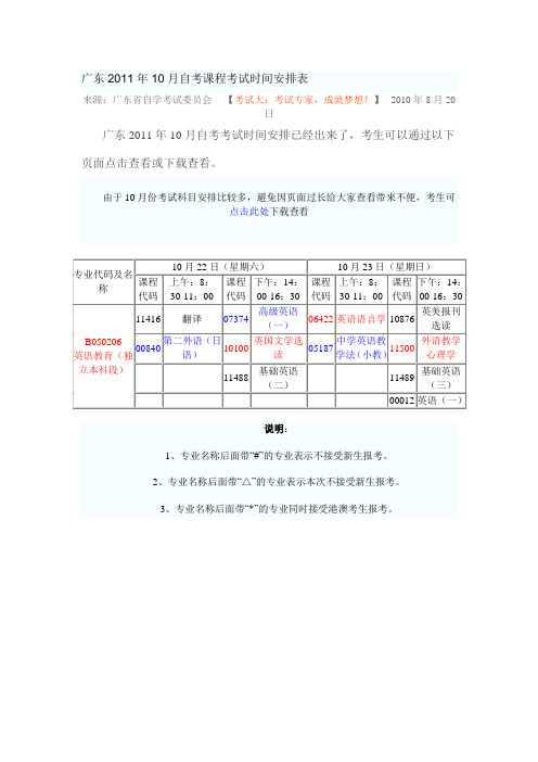 广东2011年10月自考课程考试时间安排表