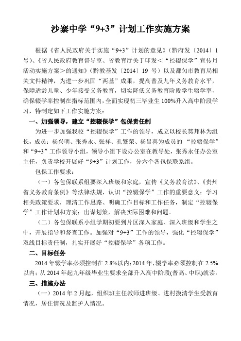沙寨中学9+3计划实施方案