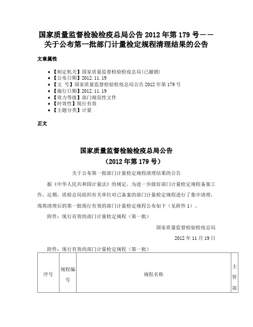 国家质量监督检验检疫总局公告2012年第179号――关于公布第一批部门计量检定规程清理结果的公告