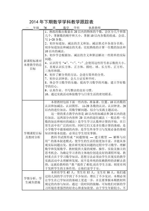 东业晨曦小学2014年下期学科教学效果跟踪表