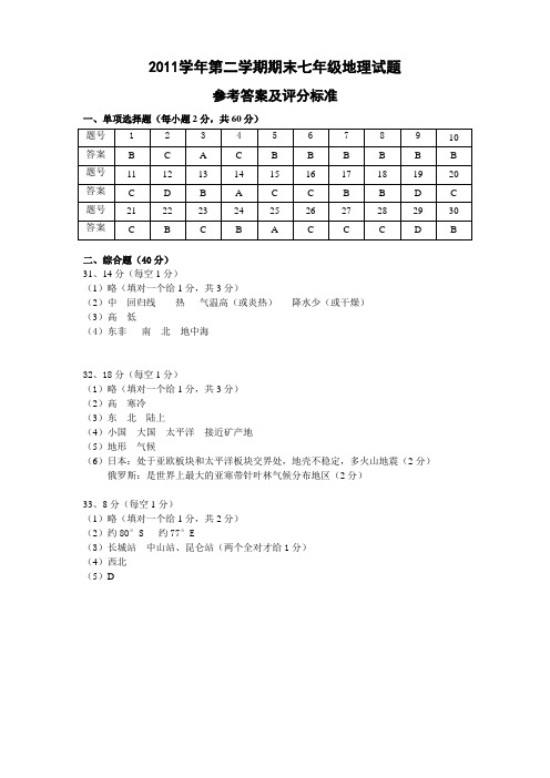 2011学年第二学期期末七年级地理试题答案