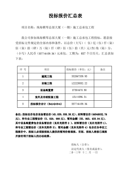 投标报价汇总表