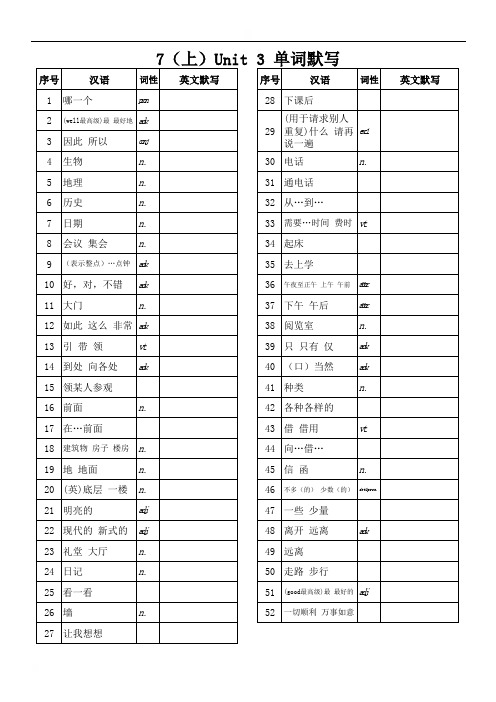7上 Unit3 单词默写(无答案)