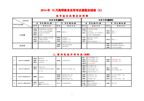 2014年10月面向社会课表