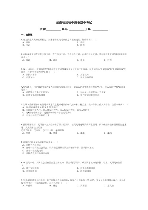 云南初三初中历史期中考试带答案解析
