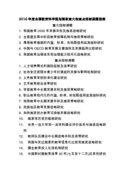 2016全国教育科学规划国家重大和重点招标课题