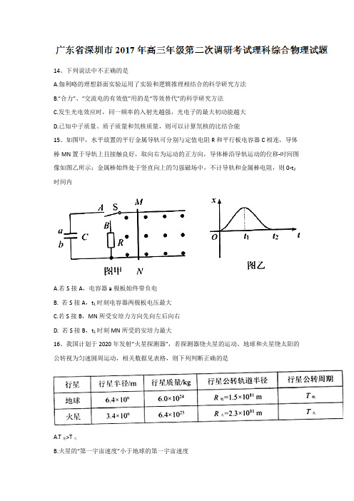 广东省深圳市2017年高三年级第二次调研考试理科综合物